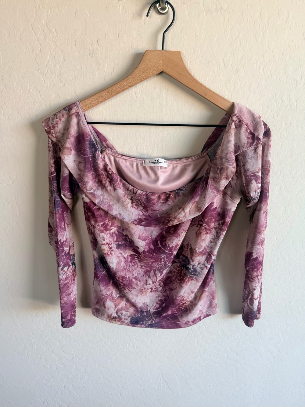 Floral Off Shoulder Long Sleeve Top M Sheer Mesh Y2K 90s Coquette Soft Romantic